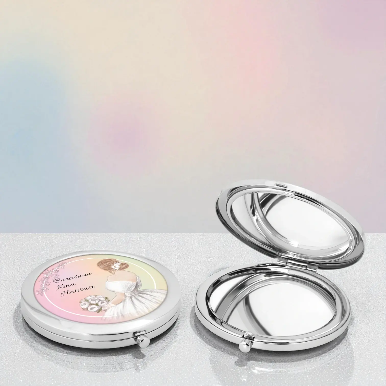 Kına Hatırası Metal Cep Aynası Pastel Renkli Gelin Tasarımı
