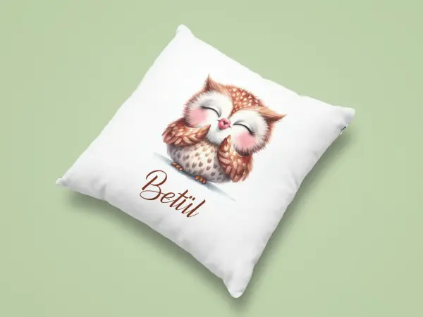Kişiye Özel Baykuş Tasarımlı Yastık – 40x40 cm Elyaf Dolgulu