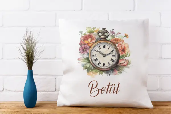 Kişiye Özel Vintage Saat Tasarımlı Yastık – 40x40 cm Elyaf Dolgulu