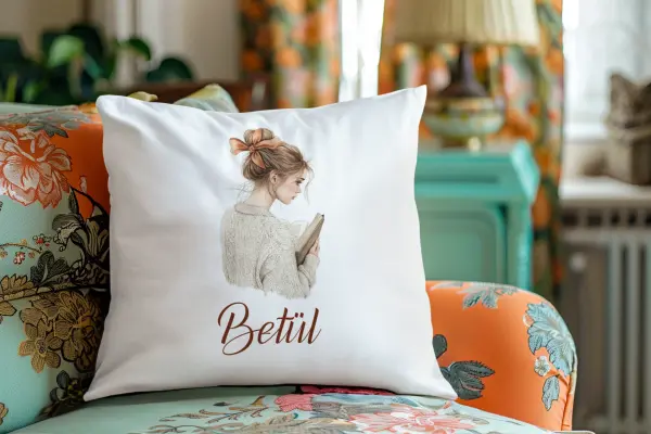 Kişiye Özel Kitap Okuyan Kız Tasarımlı Yastık – 40x40 cm Elyaf Dolgulu