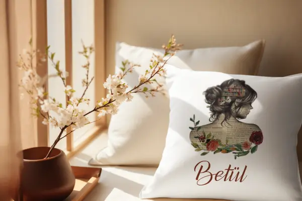 Kişiye Özel Kitap Kadın Silüeti Yastık – 40x40 cm Elyaf Dolgulu