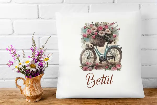 Kişiye Özel Çiçekli Bisiklet Tasarımlı Yastık – 40x40 cm Elyaf Dolgulu