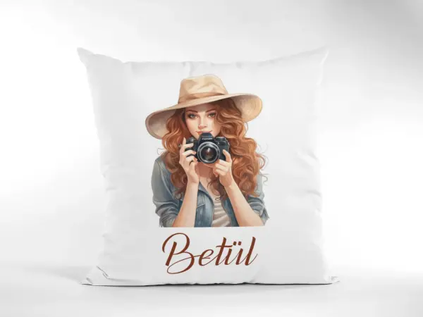 Kişiye Özel Fotoğrafçı Kız Tasarımlı Yastık – 40x40 cm Elyaf Dolgulu