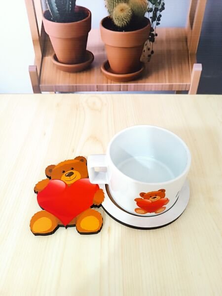 Romantik Ayıcık Tasarımlı Ahşap Sunum Tabağı Kupa Set