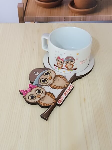 Baykuş Çift Tasarımlı Ahşap Sunum Tabağı Kupa Set