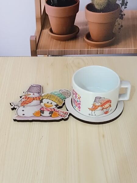 Kış Tasarımlı Ahşap Sunum Tabağı Kupa Set