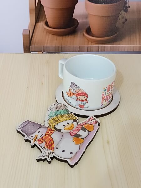 Kış Tasarımlı Ahşap Sunum Tabağı Kupa Set