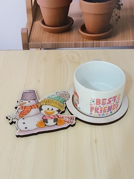 Kış Tasarımlı Ahşap Sunum Tabağı Kupa Set