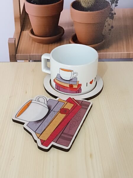 Kitap Tasarımlı Ahşap Sunum Tabağı Kupa Set