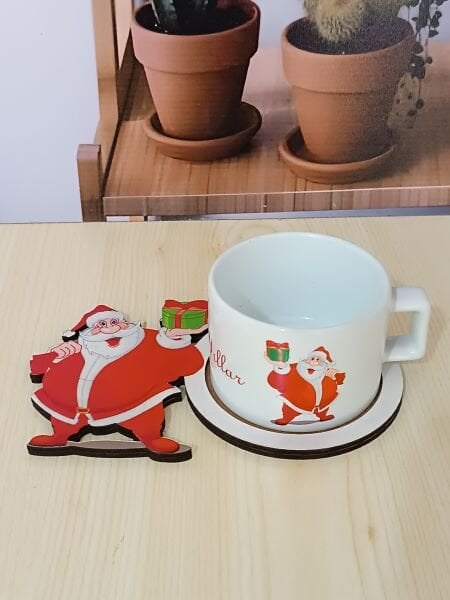 Noel Tasarımlı Ahşap Sunum Tabağı Kupa Set