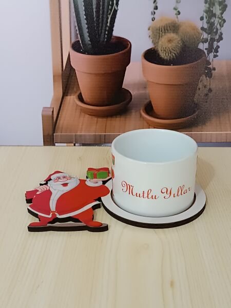 Noel Tasarımlı Ahşap Sunum Tabağı Kupa Set