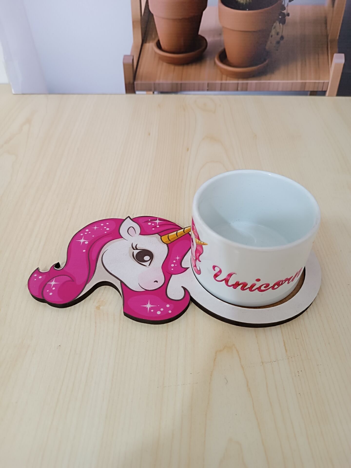 Unicorn Tasarımlı Ahşap Sunum Tabağı Kupa Set