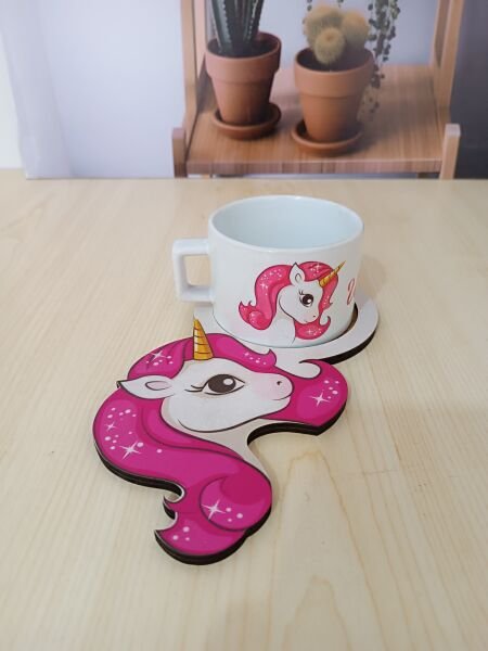 Unicorn Tasarımlı Ahşap Sunum Tabağı Kupa Set