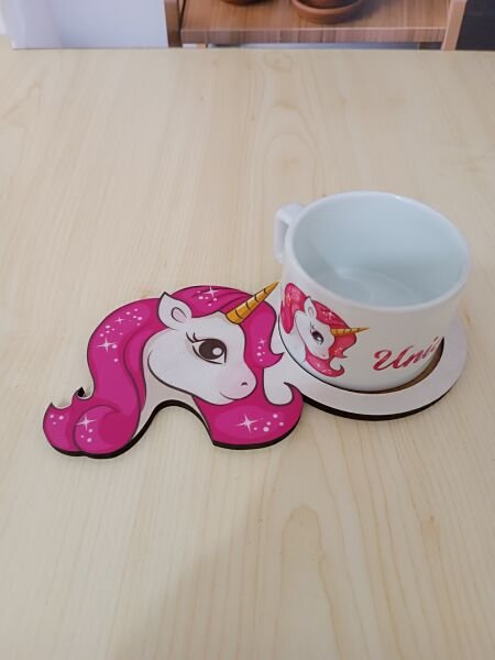 Unicorn Tasarımlı Ahşap Sunum Tabağı Kupa Set