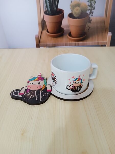 Unicorn Kahve Tasarımlı Ahşap Sunum Tabağı Kupa Set