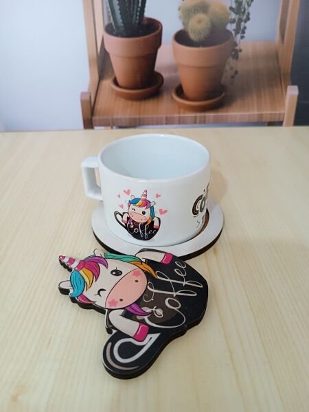 Unicorn Kahve Tasarımlı Ahşap Sunum Tabağı Kupa Set