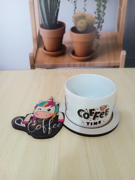 Unicorn Kahve Tasarımlı Ahşap Sunum Tabağı Kupa Set