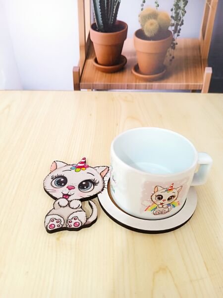 Unicorn Kedi Tasarımlı Ahşap Sunum Tabağı Kupa Set