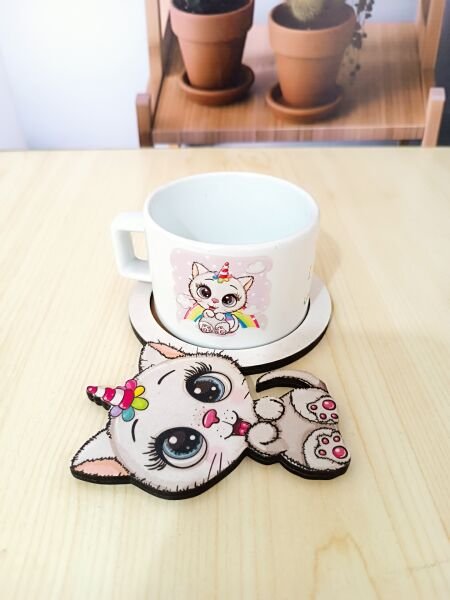 Unicorn Kedi Tasarımlı Ahşap Sunum Tabağı Kupa Set