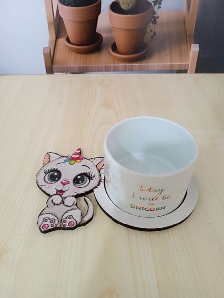 Unicorn Kedi Tasarımlı Ahşap Sunum Tabağı Kupa Set