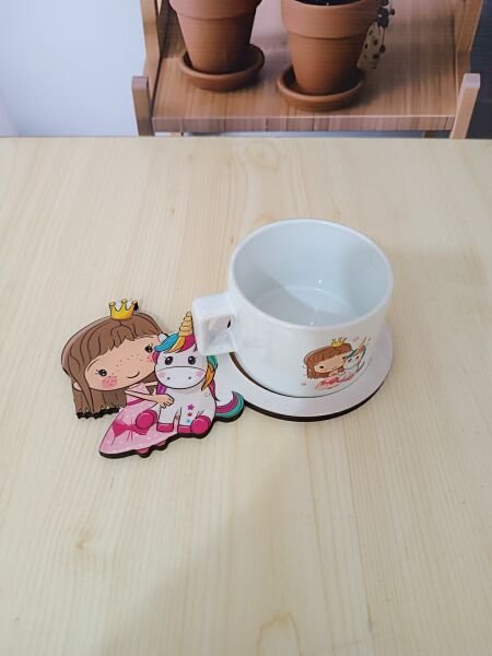 Unicorn Love Tasarımlı Ahşap Sunum Tabağı Kupa Set