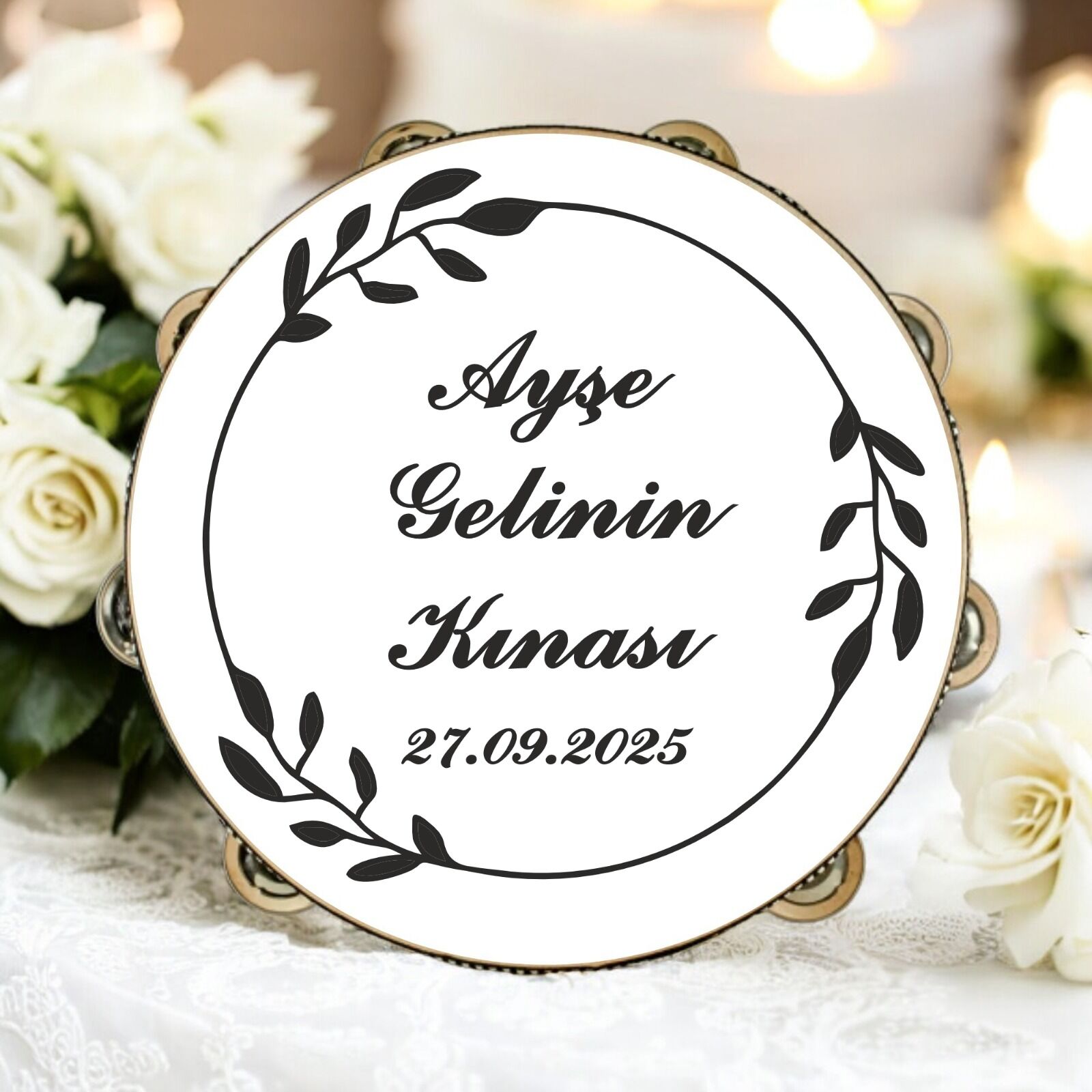 Gelin Tefi Baskılı Deri Yonca Desenli 32 Cm