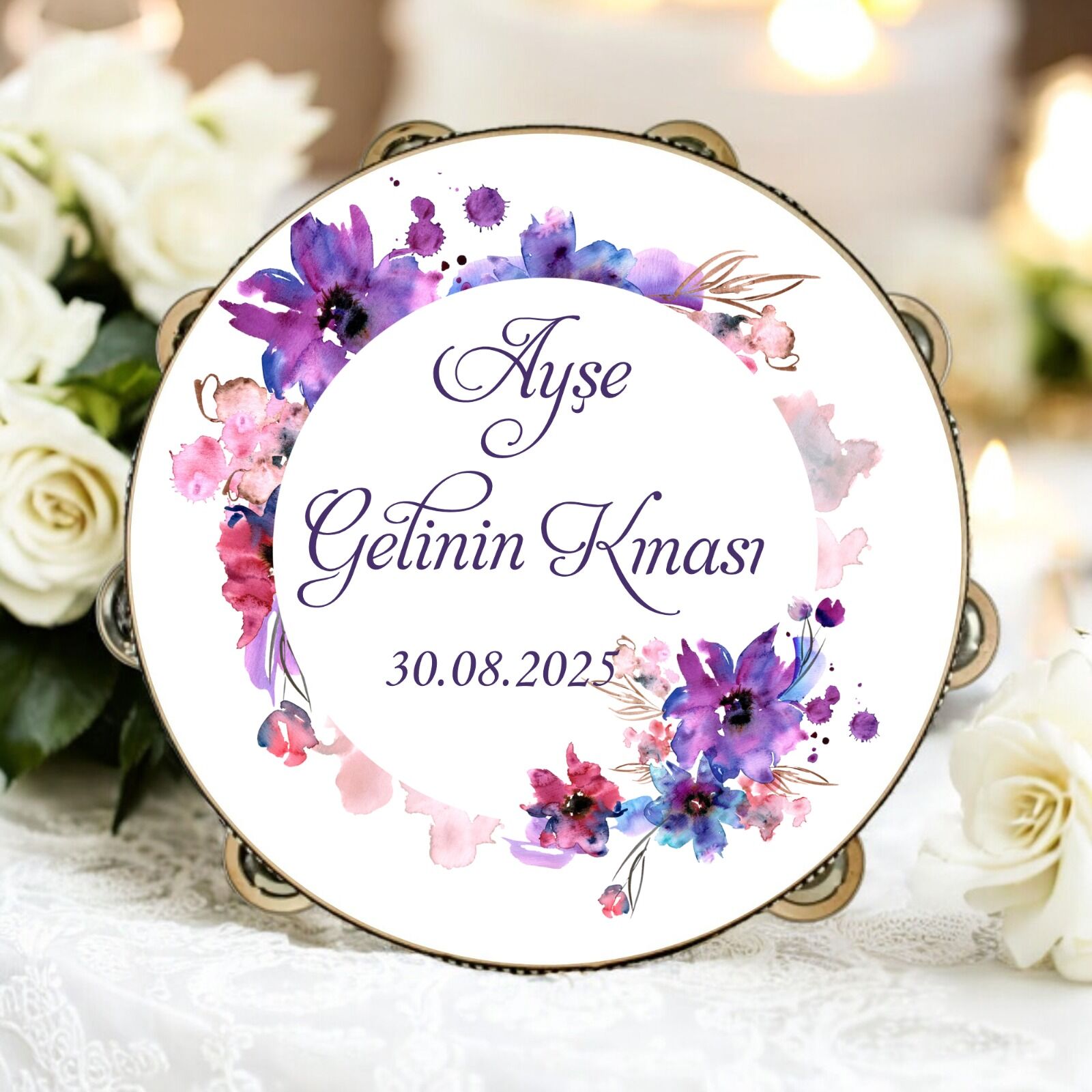 Gelin Tefi Baskılı Deri Mor Menekşe Desenli 32 Cm