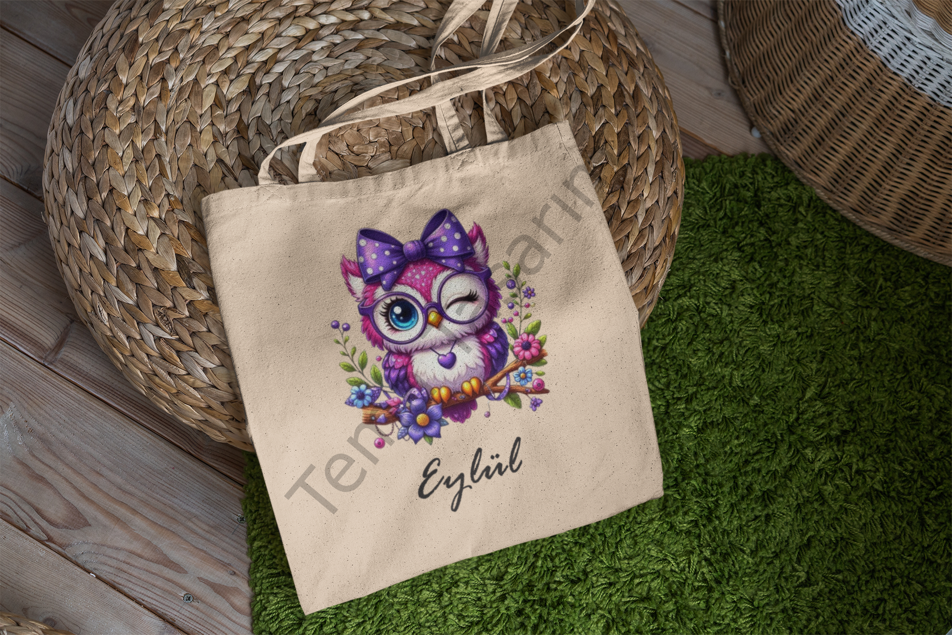 Bez Çanta Baykuş Desenli Kişiye Özel