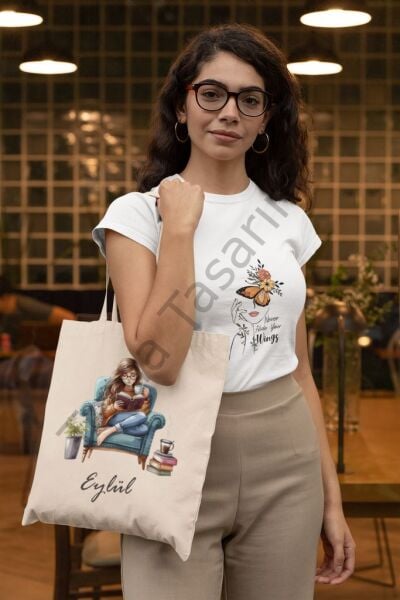 Kitap Okuyan Kız Desenli Kişiye Özel Ham Bez Çanta