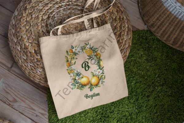 Limon Desenli Kişiye Özel Ham Bez Çanta