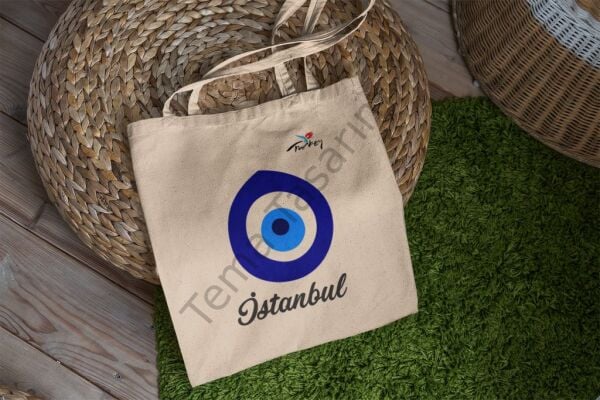 Nazar Boncuğu Desenli Kişiye Özel Ham Bez Çanta