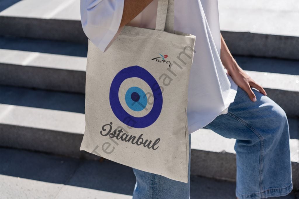 Nazar Boncuğu Desenli Kişiye Özel Ham Bez Çanta
