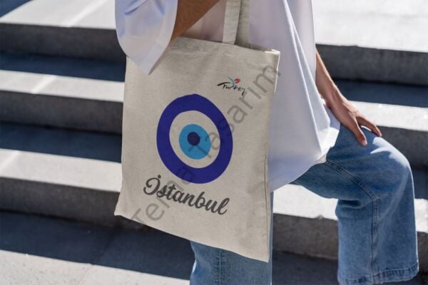 Nazar Boncuğu Desenli Kişiye Özel Ham Bez Çanta