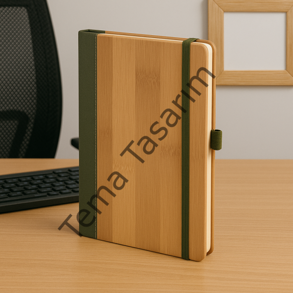 Kişiye Özel Yeşil Desenli Bambu Termos Defter Kupa ve Papatya Kolye Hediye Seti