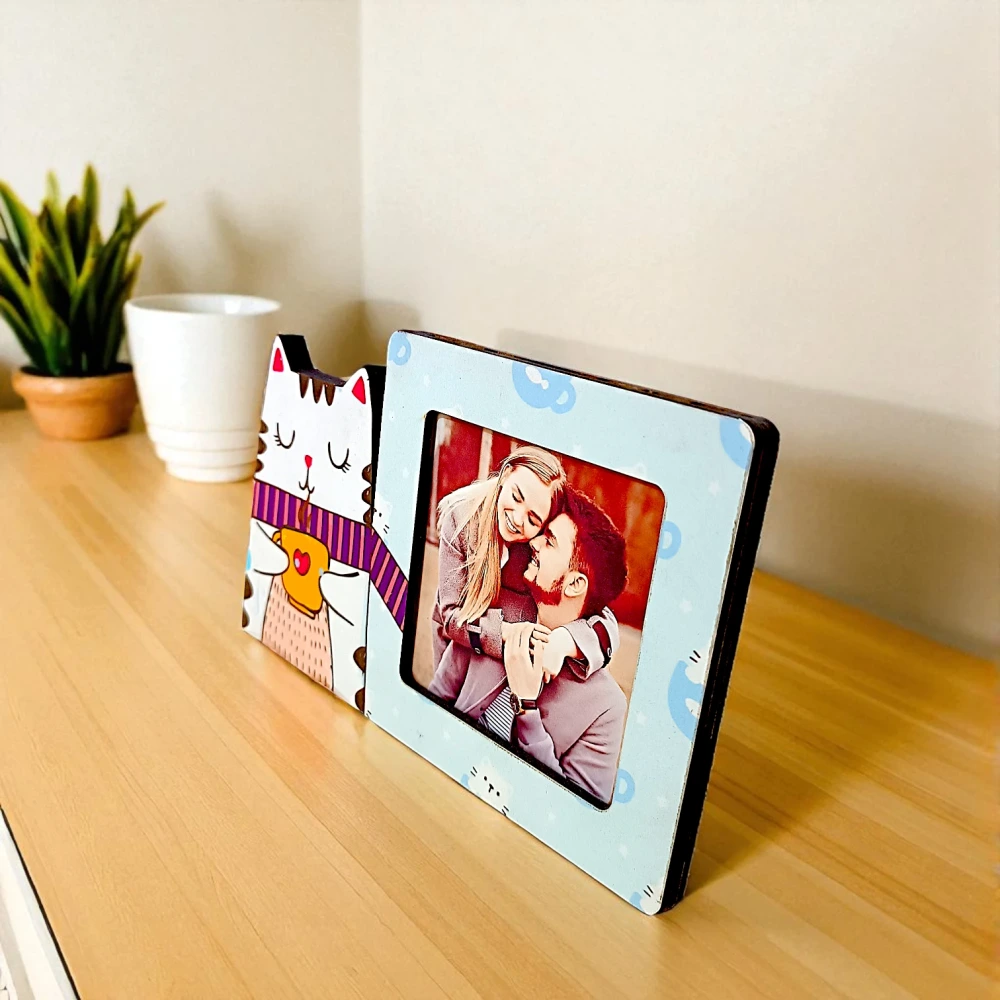 3D Sevimli Kedi Temalı Ahşap Fotoğraf Çerçevesi