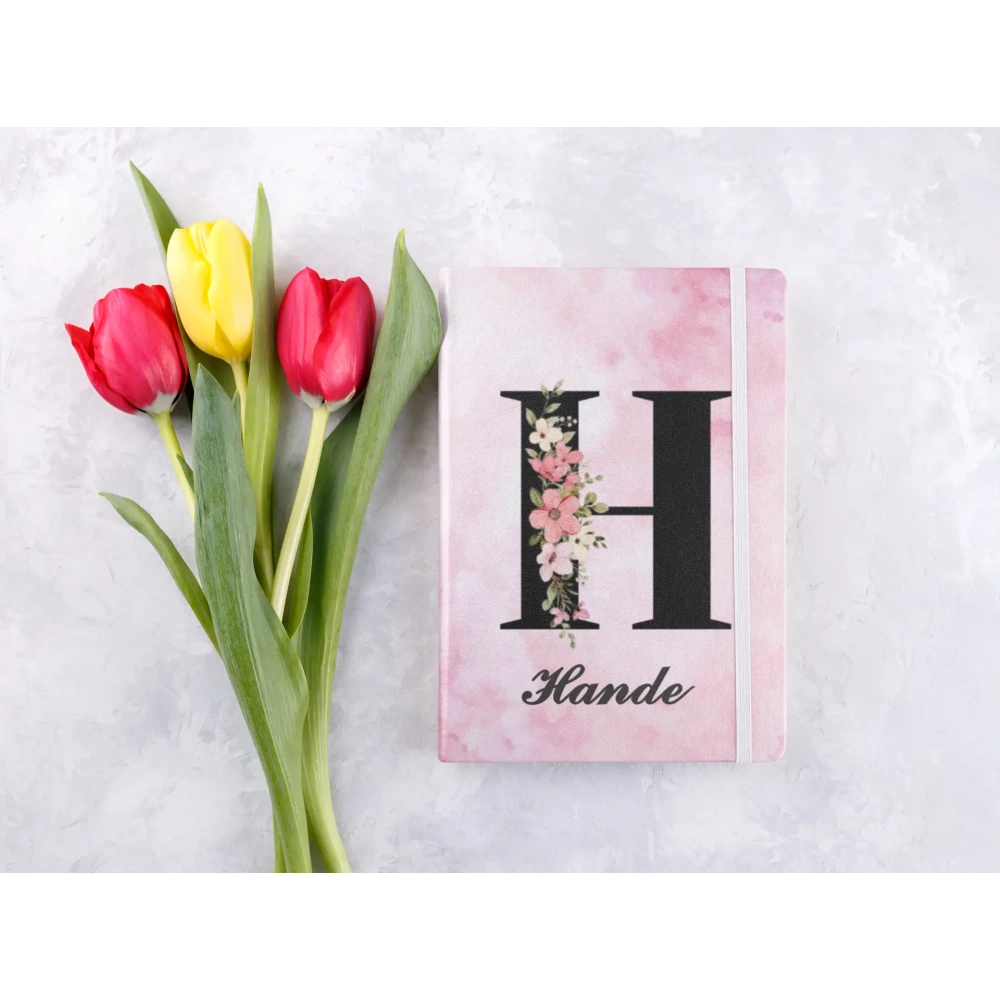 Kişiye Özel Çiçek Detaylı Harf Baskılı Pembe Defter